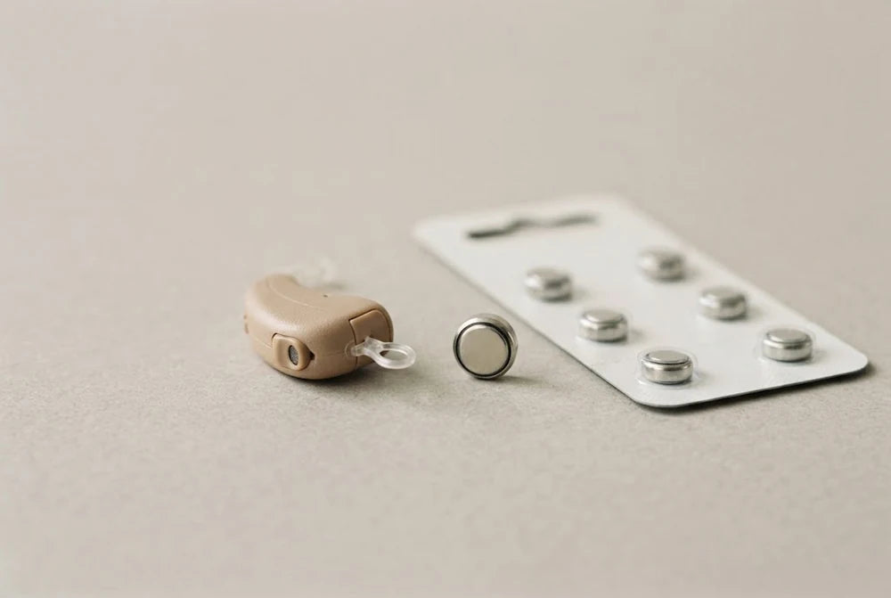 A completely-in-canal hearing aid beside size 10 zinc-air batteries