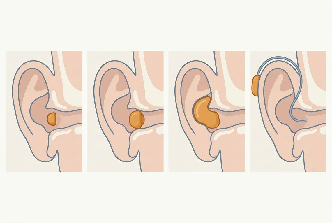 Diagram comparing IIC, CIC, ITC and RIC hearing aid styles in the ear