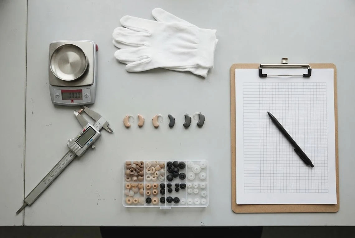 Hearing aids being weighed and measured on a testing bench