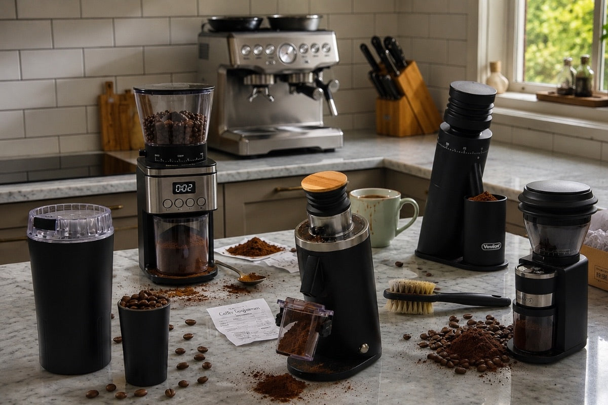 Electric coffee grinders lined up for testing