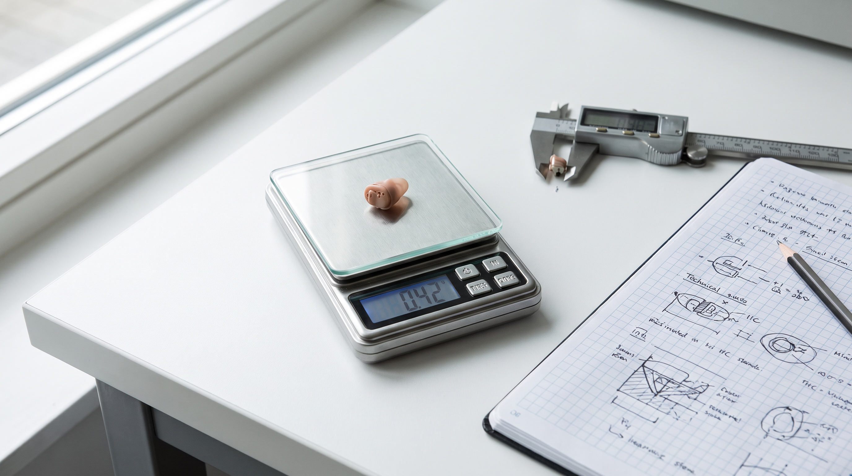 Hearing aids being weighed and measured on a testing bench