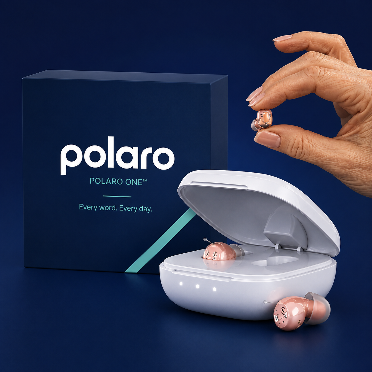 Polaro One invisible rechargeable hearing aids with charging case