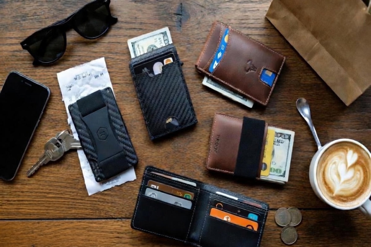 Premium RFID-blocking wallets arranged on a dark wooden surface